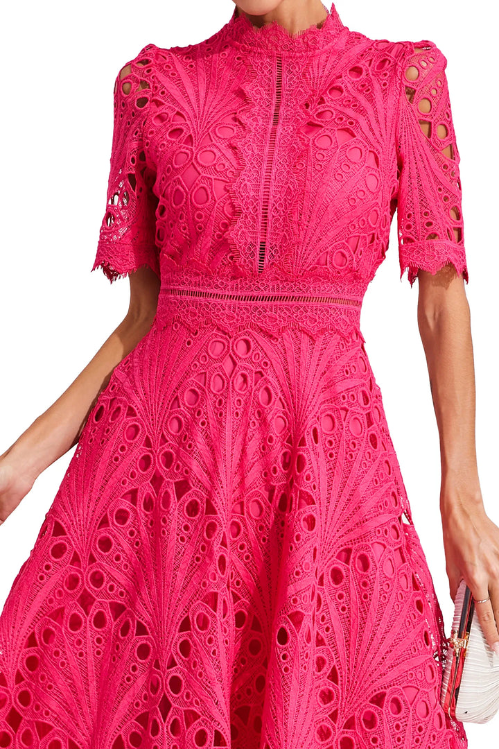 Women's formal pink lace midi dress, a sophisticated option for any elegant gathering
