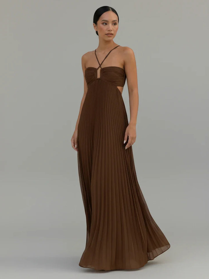 Elegant women's pleated A-line maxi dress. Flowy summer backless gown, perfect for special occasions.