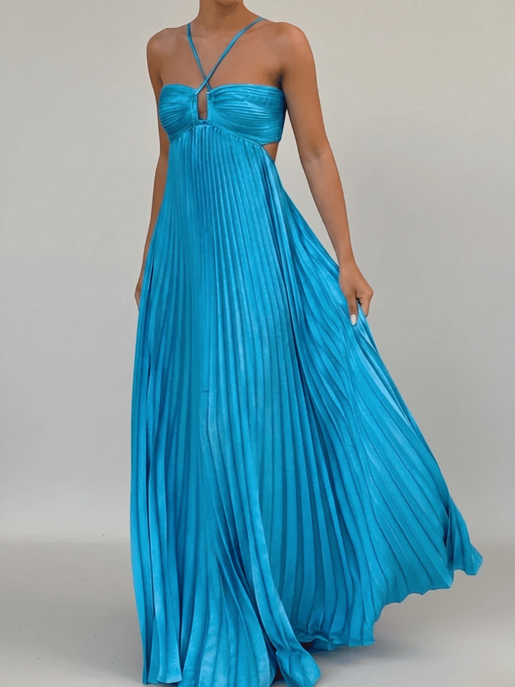 Elegant women's pleated A-line maxi dress with stylish cutout. Flowy summer dress, ideal for formal or casual wear.