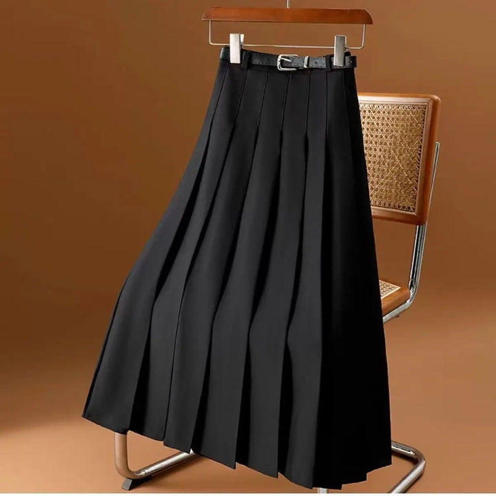 Classic black pleated A-line midi skirt for women, a versatile and elegant piece for any occasion.