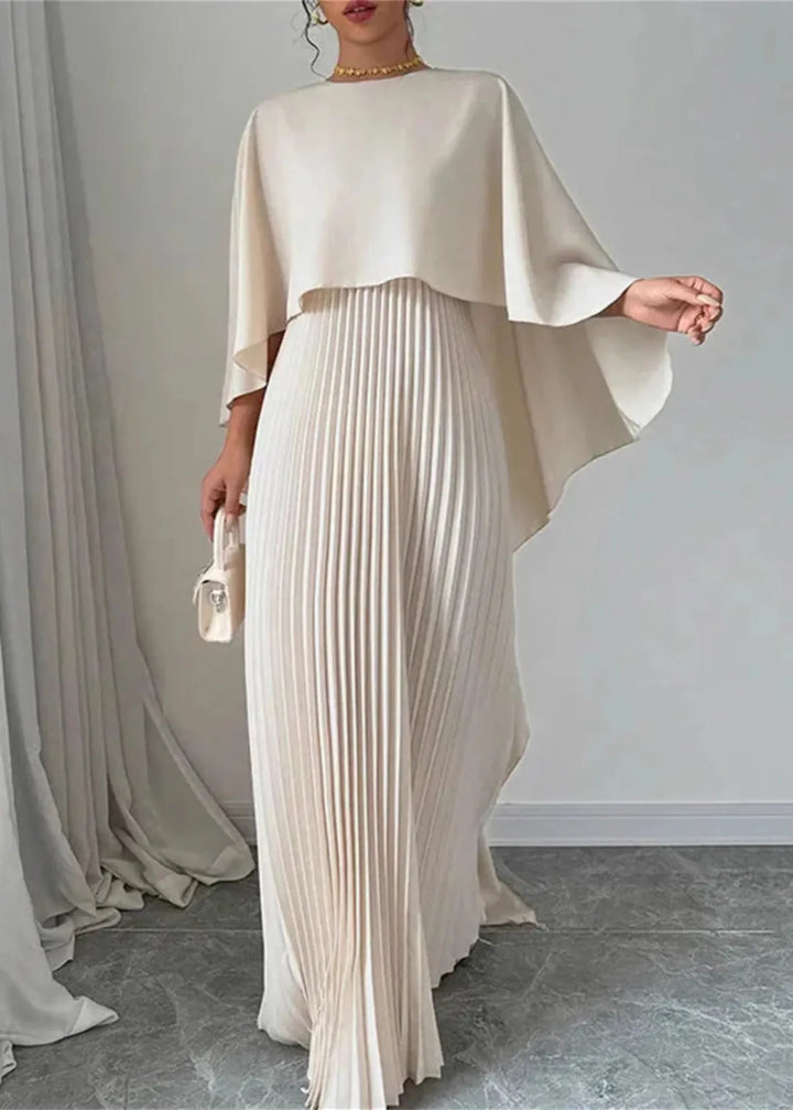 Elegant women's pleated cape overlay maxi dress for formal evening wear & gala events