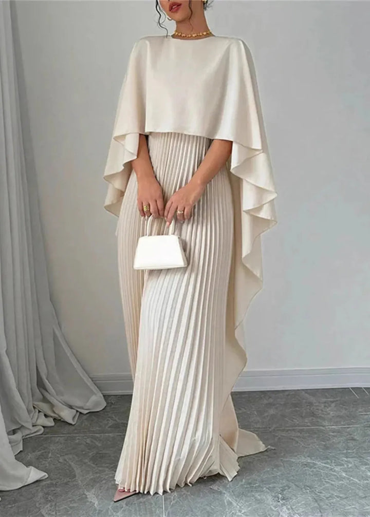Formal women's black maxi dress featuring a unique pleated cape overlay design