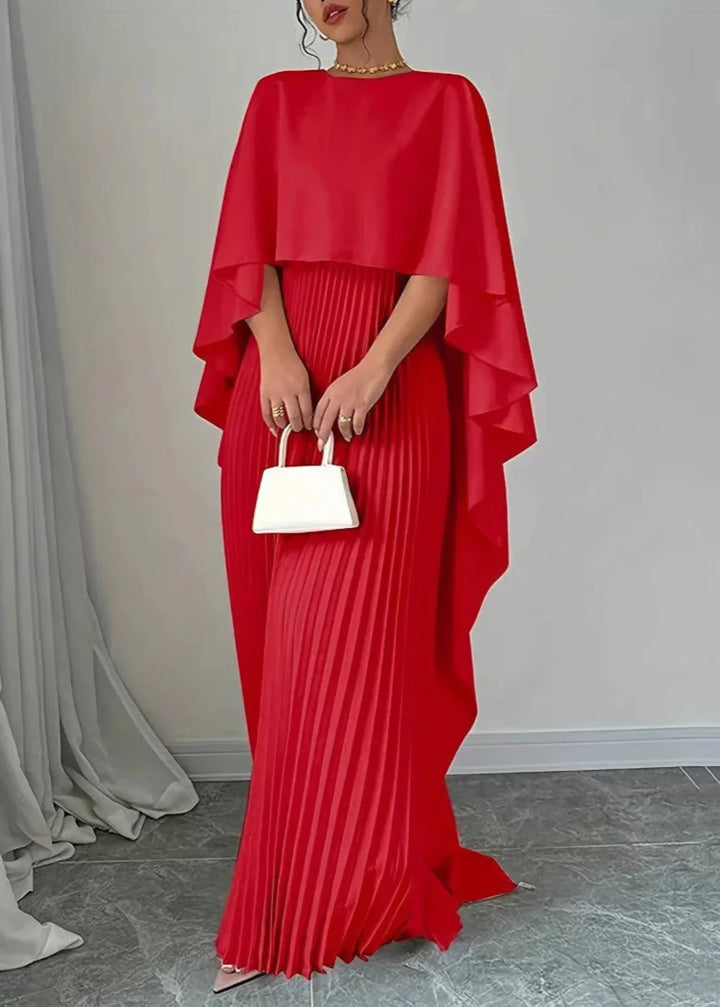 Stunning elegant maxi dress with a delicate pleated cape, perfect for special occasions