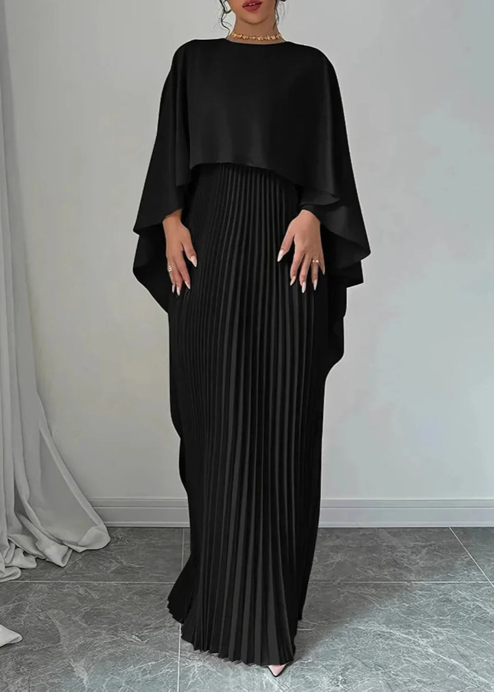 Stylish women's pleated cape overlay maxi dress, a sophisticated choice for evening wear