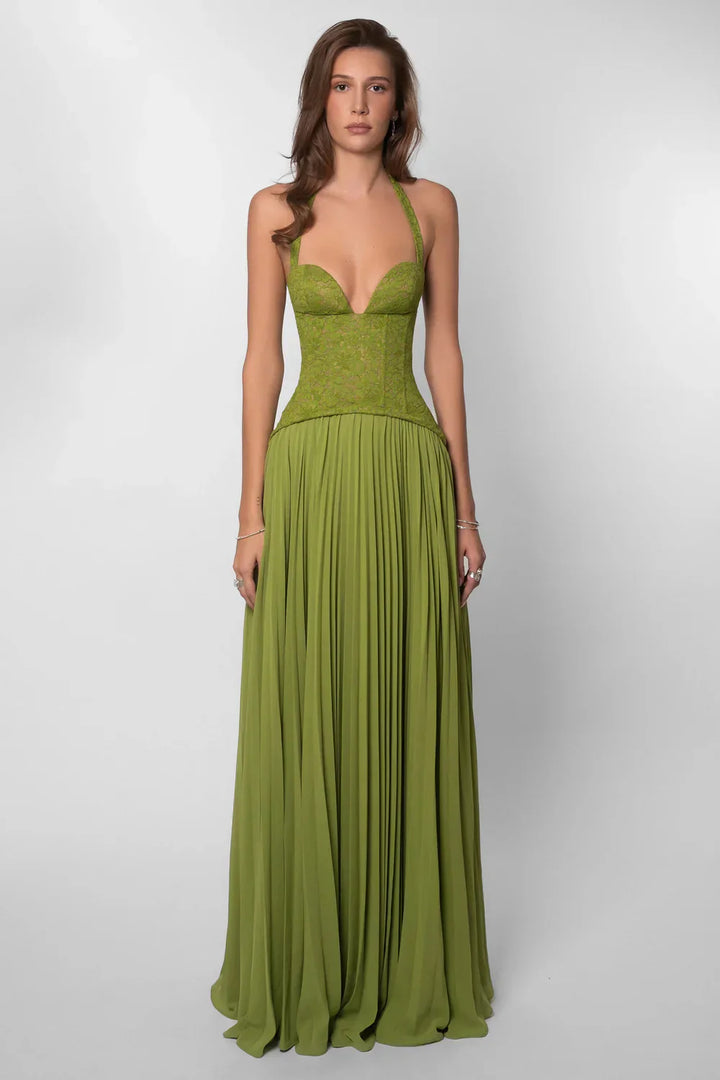 Front view of an elegant women's green pleated halter maxi dress, featuring a flattering corset-style top.