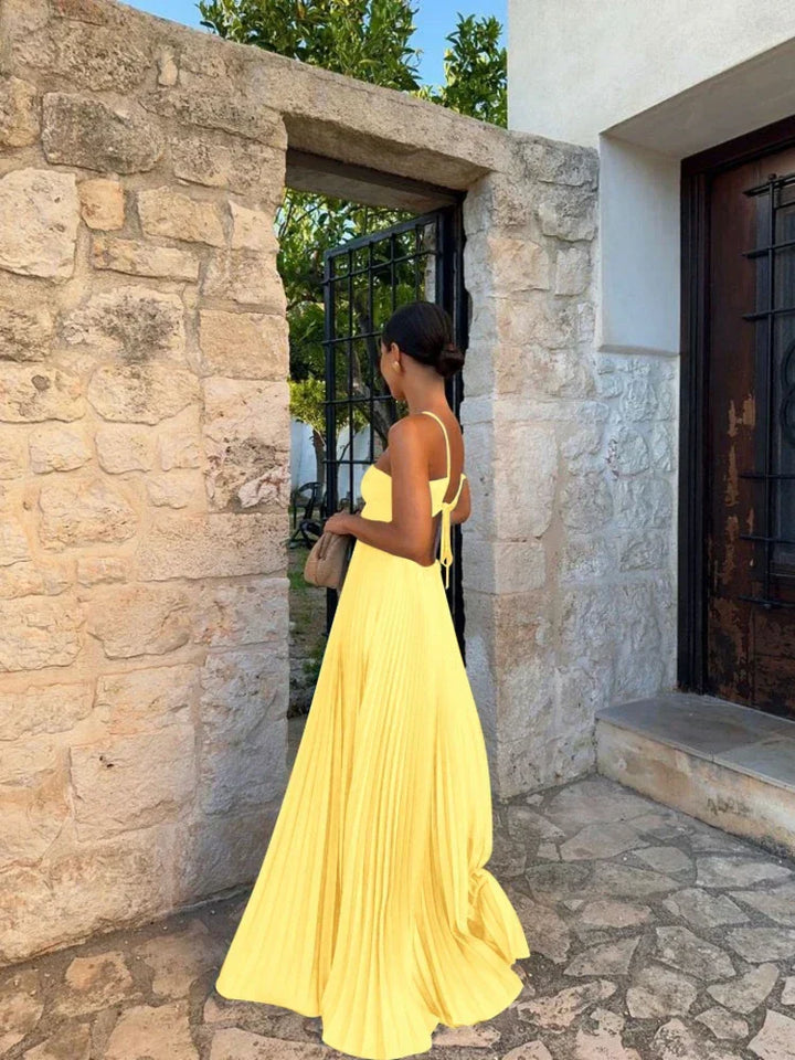 Gorgeous women's sleeveless maxi dress, designed with a pleated skirt and chic halter neck. Perfect occasion wear.