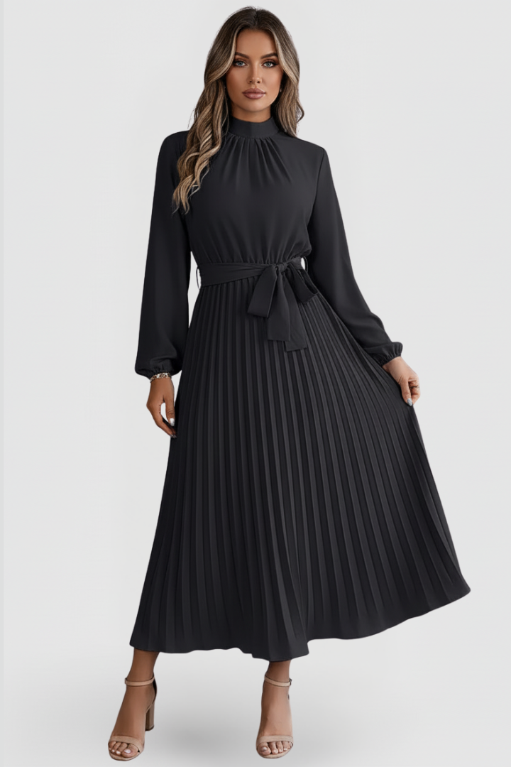 Versatile women's pleated midi dress with long sleeves and a flattering waist tie for elegant wear.