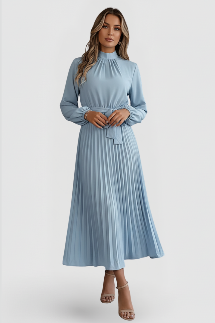 Sophisticated long sleeve pleated dress for women, featuring a stylish waist tie and midi length.