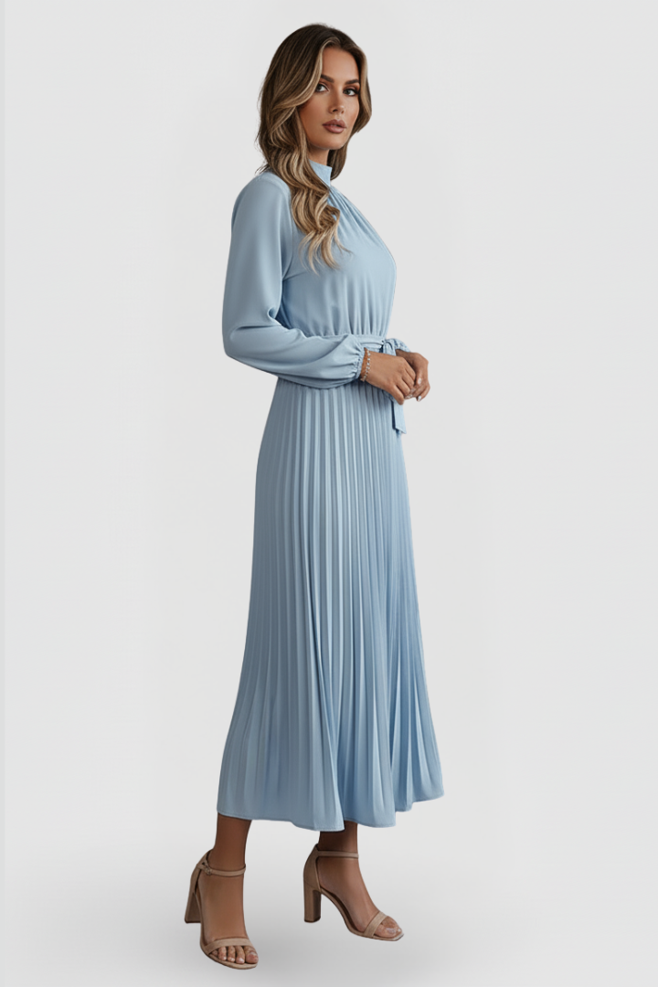 Women's formal pleated midi dress with long sleeves and a flattering waist tie for an elegant look.