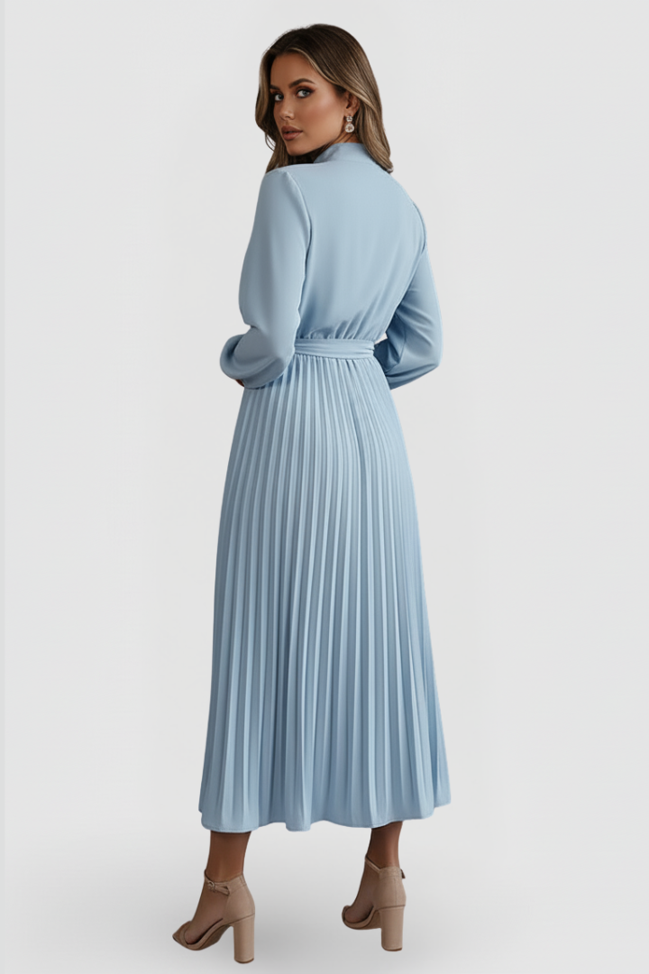 Modest long sleeve pleated women's dress with a chic waist tie, ideal for winter events.
