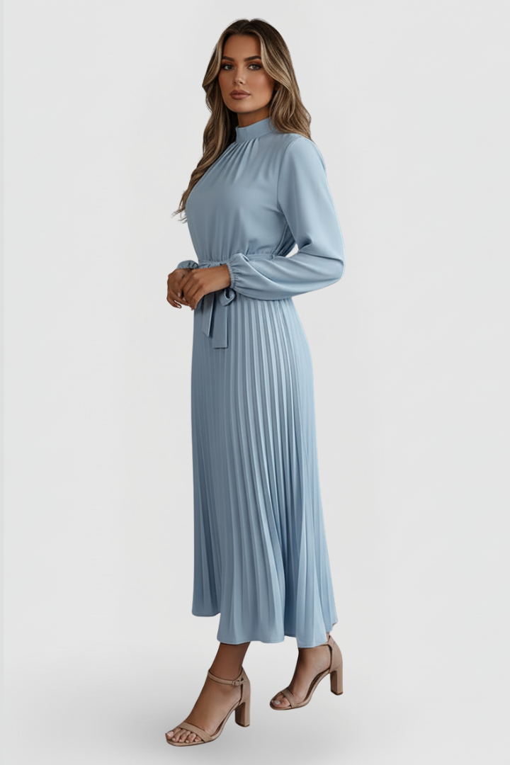 Elegant women's midi dress, pleated design, long sleeves, and an adjustable waist tie.