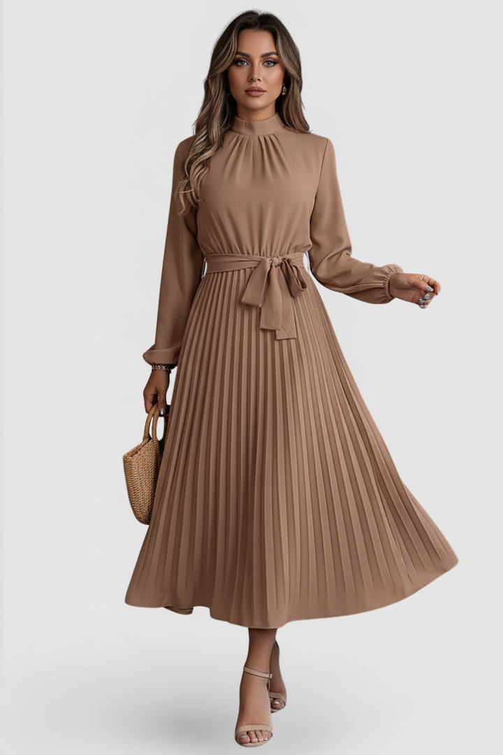 Chic fall/winter women's dress: long sleeve, pleated midi style, with a trendy waist tie.