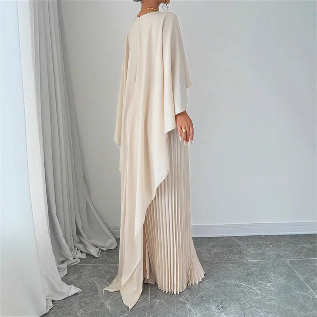 Modest long pleated maxi dress for women, featuring an elegant cape overlay. Ideal for formal events.