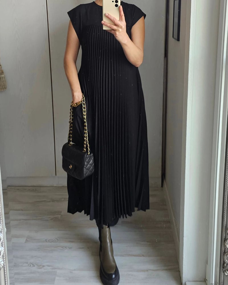 Formal women's pleated maxi dress, complete with extended cap sleeves & a defined empire waist.