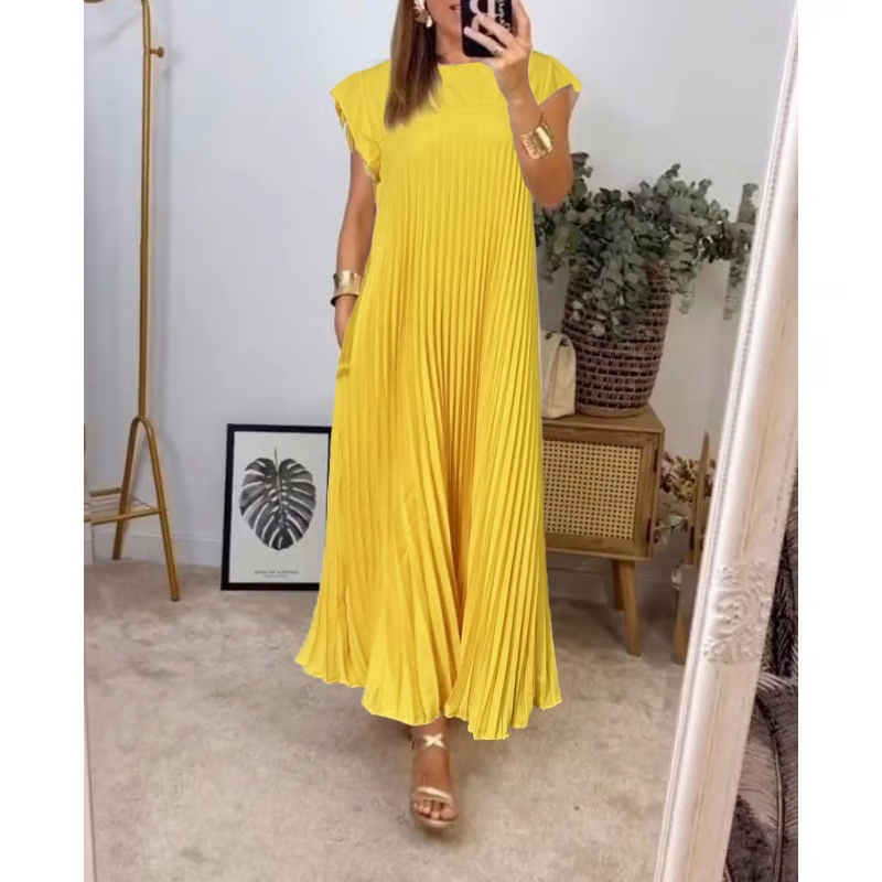 Women's elegant occasion dress: a pleated maxi with graceful cap sleeves & an empire waist.