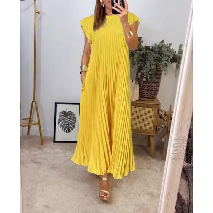Women's elegant occasion dress: a pleated maxi with graceful cap sleeves & an empire waist.