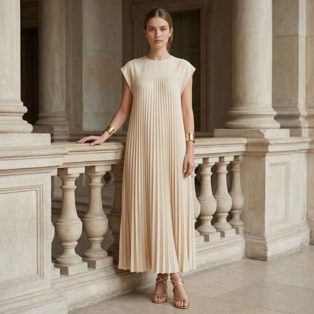 Women's formal pleated maxi dress, featuring modest cap sleeves & a flattering empire waist. Event wear.