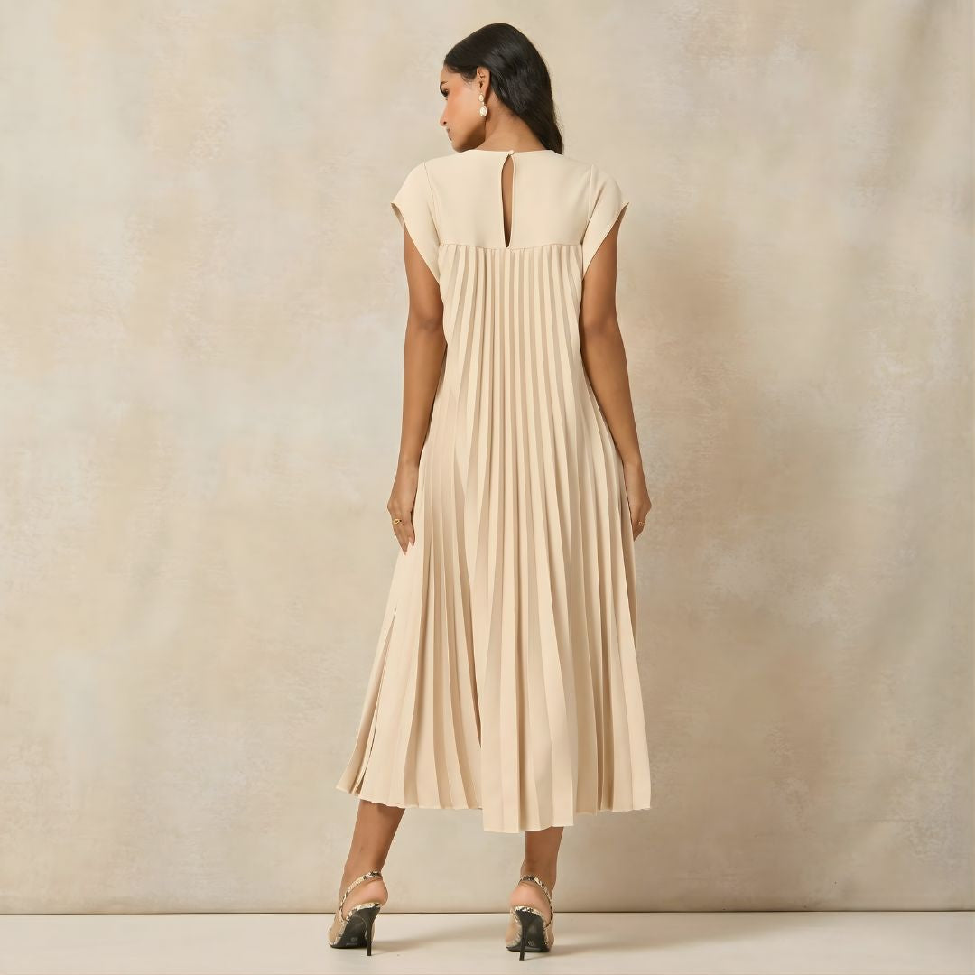 Stylish women's summer maxi dress, pleated design, extended cap sleeves, comfortable empire waist.