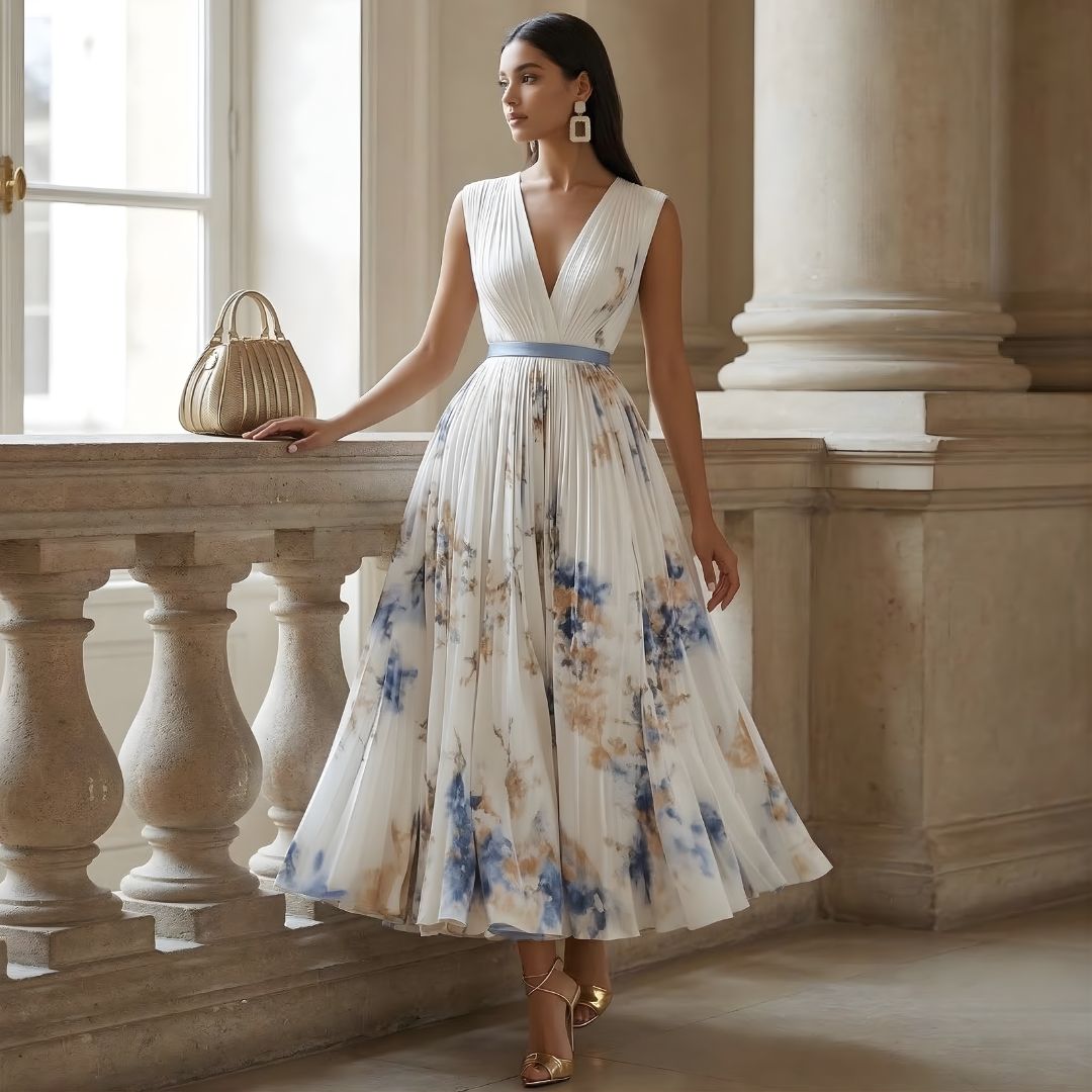 Elegant women's pleated V-neck maxi dress. Cinched waist, ideal for formal events & wedding guests.