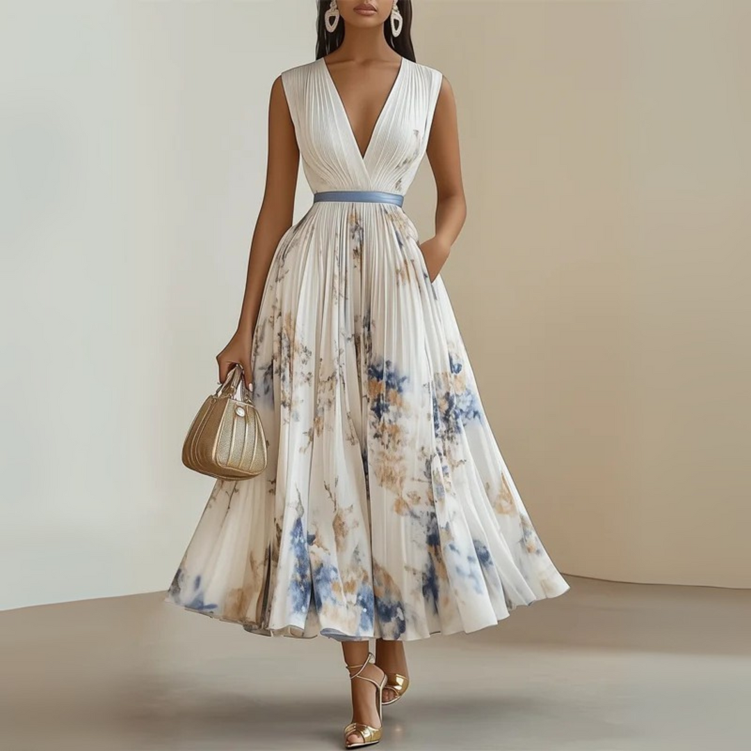 Flowy women's V-neck maxi dress with elegant pleats & cinched waist. Great for summer or special occasions.