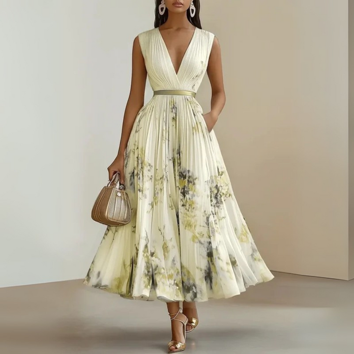 Flattering elegant women's maxi dress. Pleated V-neck design with a cinched waist, perfect for formal wear.
