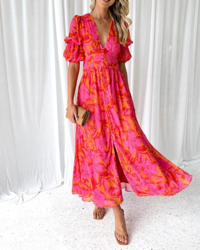 Elegant women's printed maxi dress with puffed sleeves & V-neck, perfect for summer casual or formal events.