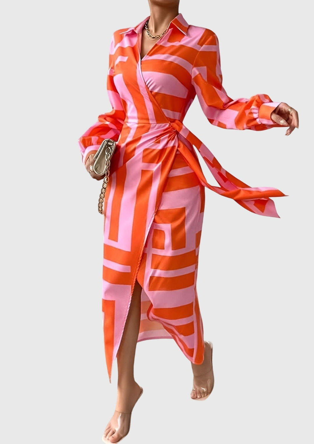 Elegant women's printed wrap dress, flattering long style for versatile spring & summer fashion.