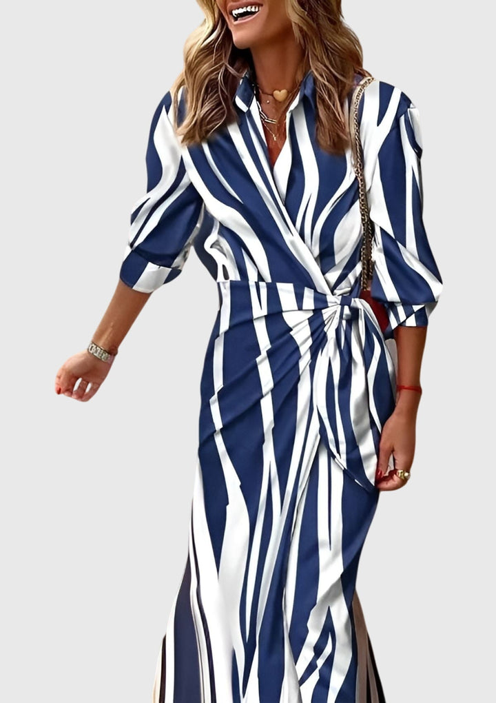 Classic elegant women's printed wrap dress, featuring a flattering long style for women's fashion.
