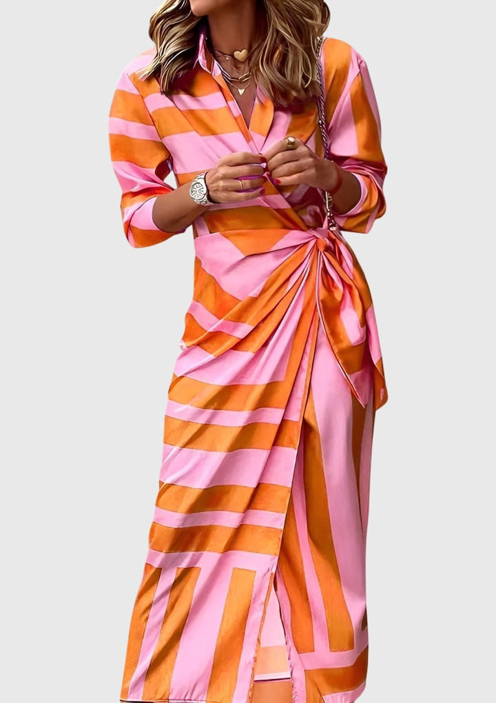 Flattering women's printed wrap dress, versatile for casual or formal elegant spring/summer events.
