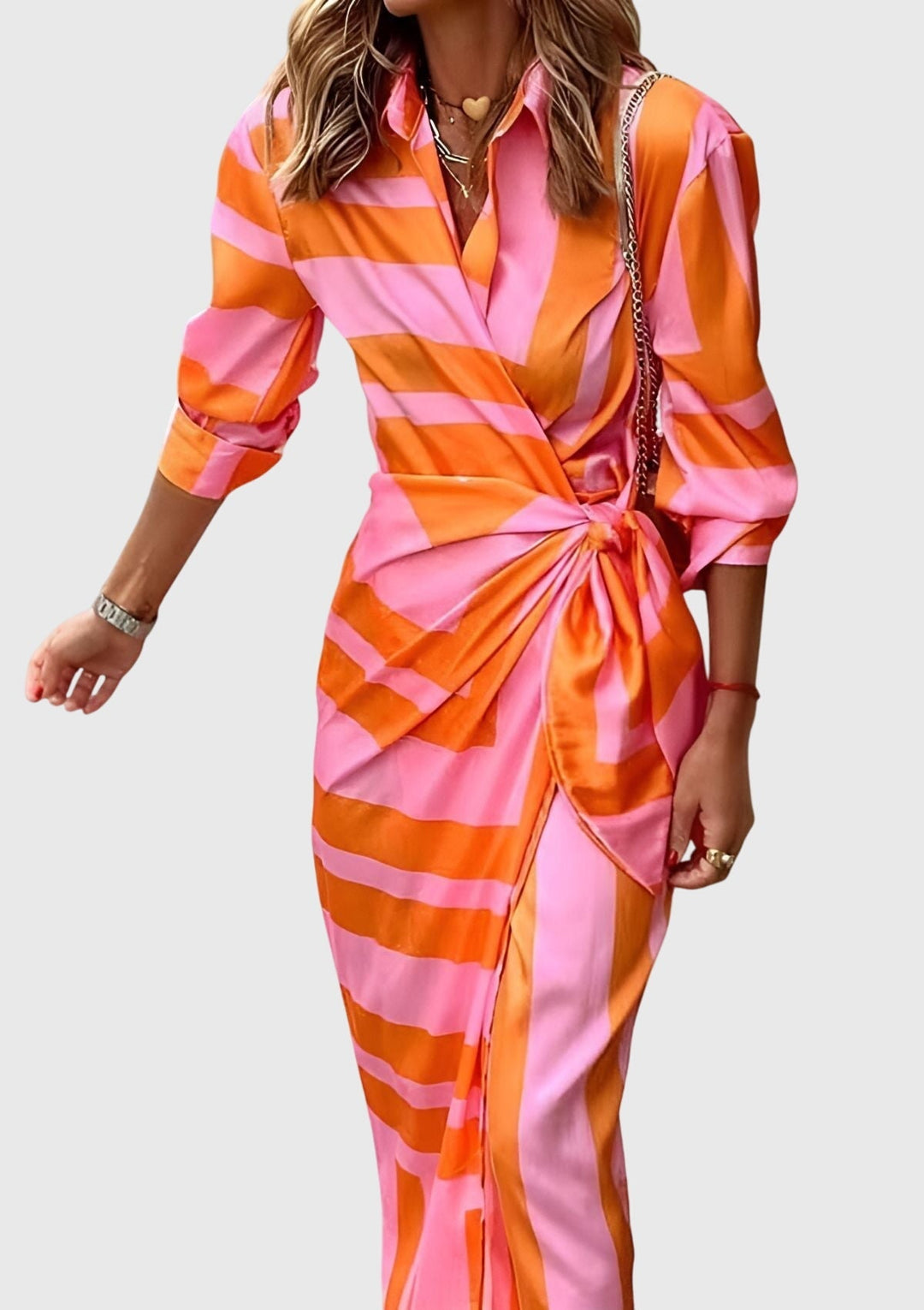 Versatile women's printed wrap dress, elegant & long, suitable for casual to formal events.