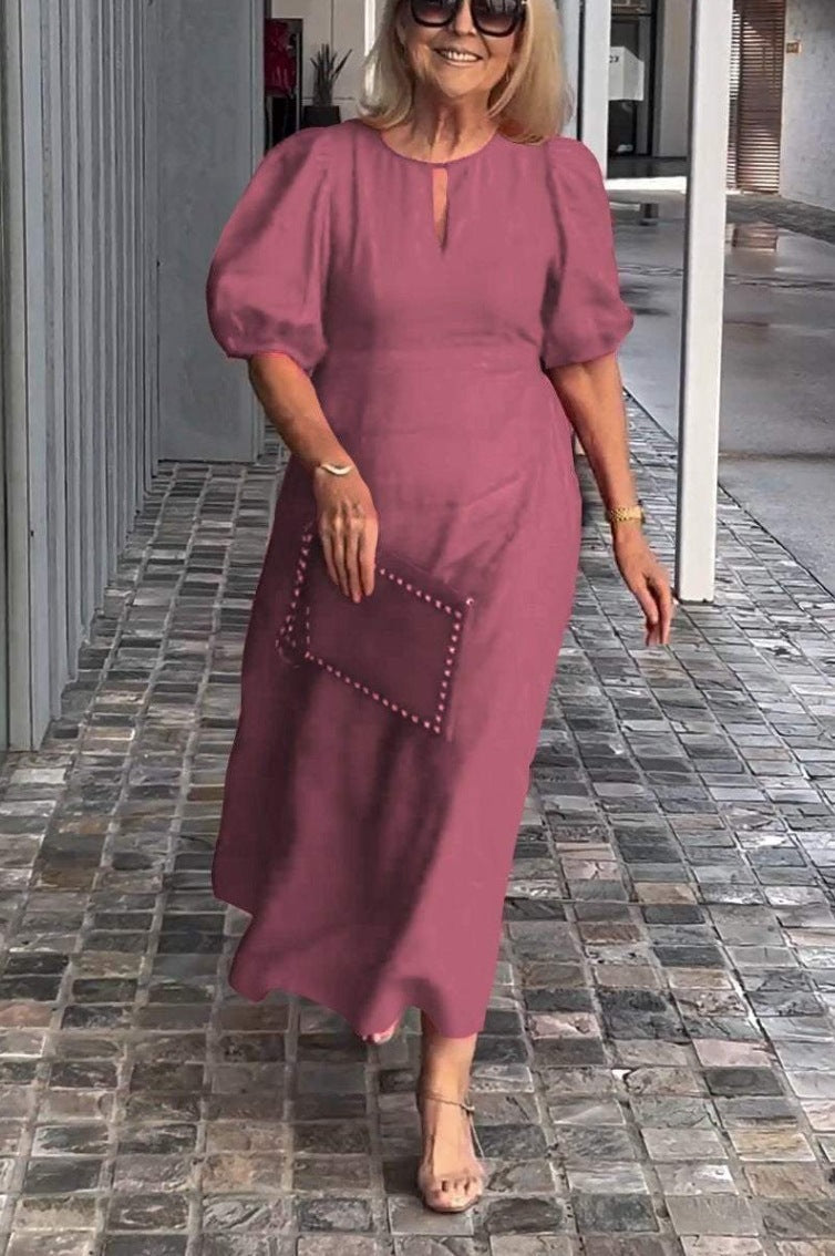 Stunning red elegant puff-sleeve midi dress for women. A vibrant choice for parties & special occasions.