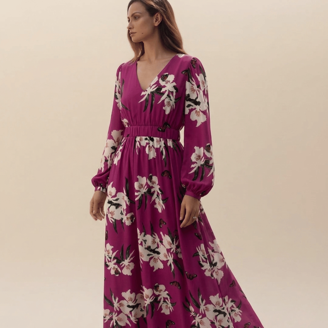 Elegant women's purple floral maxi dress with long sleeves and v-neck, perfect for versatile casual and dressy occasions.