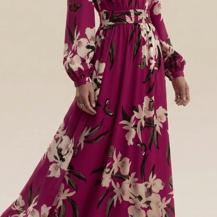 Purple floral maxi dress for women, featuring elegant long sleeves and a flattering v-neck, suitable for any occasion.