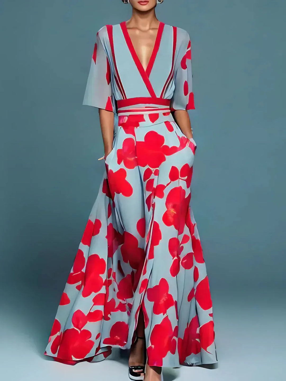 Elegant women's red floral maxi dress, flowing with a natural print, perfect for summer or special occasions.