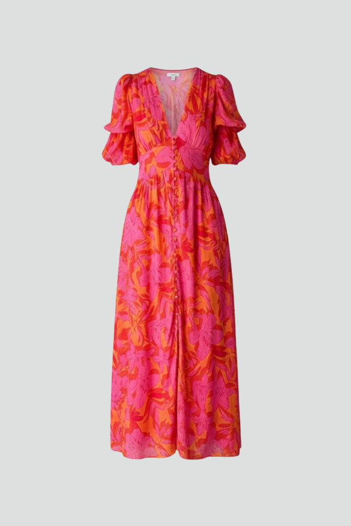 Elegant women's red V-neck maxi dress with chic puff sleeves, perfect for summer fashion and stylish occasions.