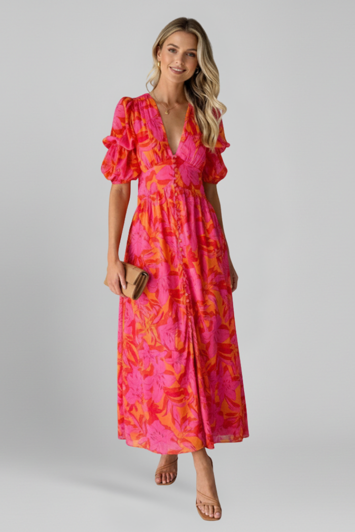 Flowy women's V-neck puff sleeve maxi dress, a versatile and elegant choice for spring and casual wear.