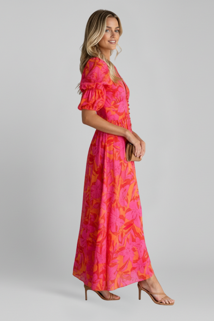 Stylish women's V-neck puff sleeve maxi dress in an elegant print, ideal for modern women's summer fashion.