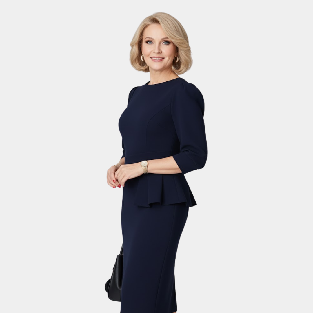 Flattering women's three-quarter sleeve ruffle dress with a stylish peplum waist, versatile.