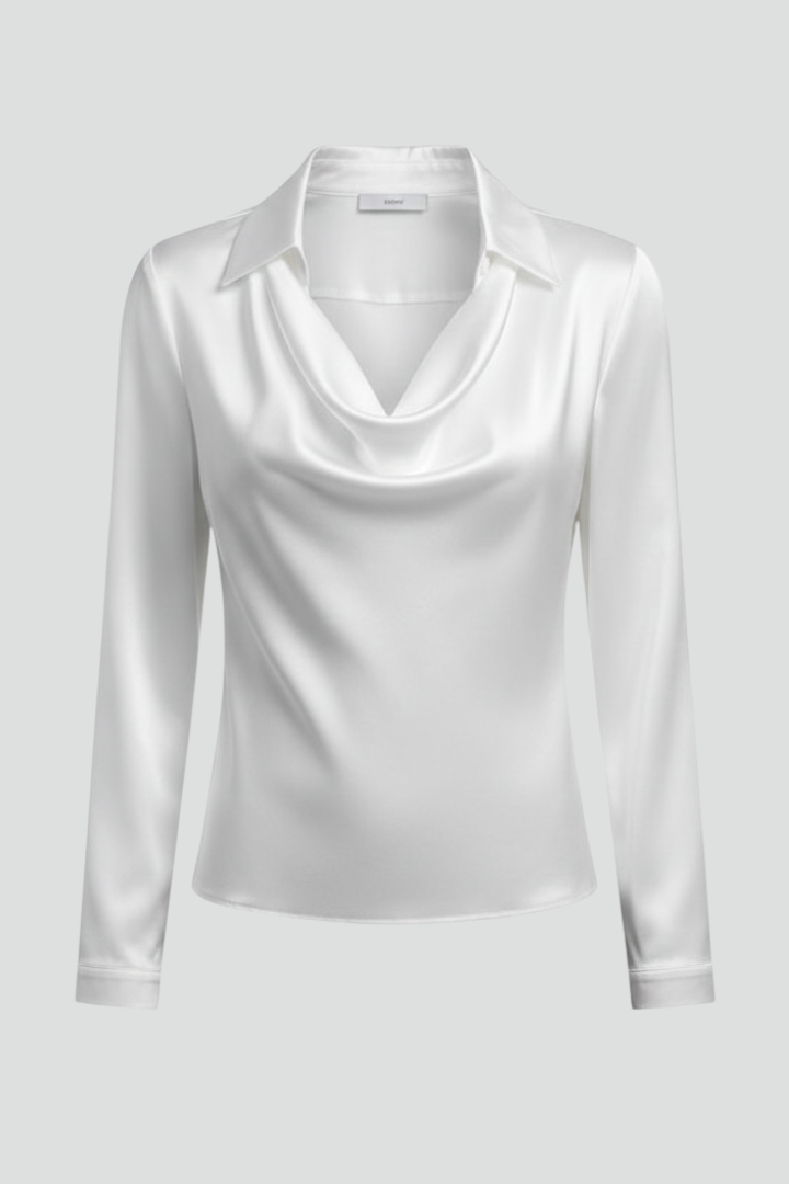 Elegant women's satin blouse with draped collar & long sleeves, perfect for office or evening wear.