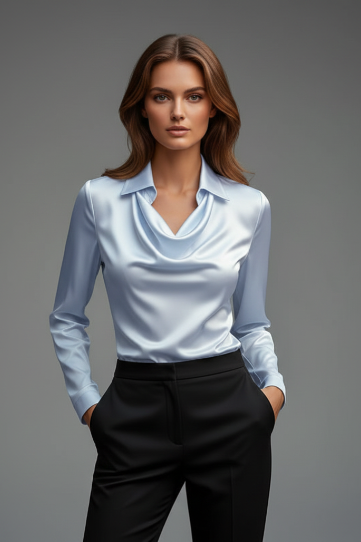 Chic women's long sleeve satin blouse featuring a graceful draped collar. A versatile ladies top.