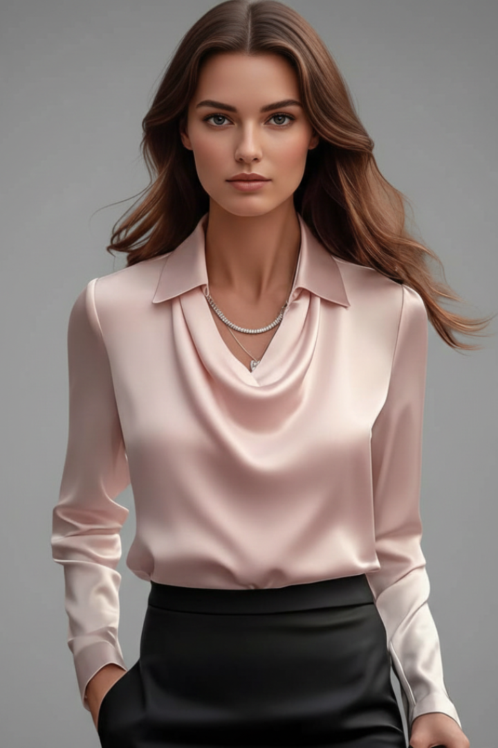 Black women's long sleeve satin blouse with draped collar, ideal for formal wear & evening events.
