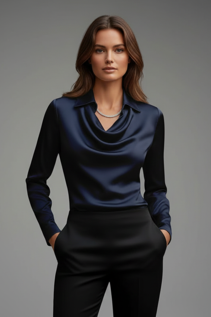Fashionable women's long sleeve top with a unique draped collar design in luxurious satin.