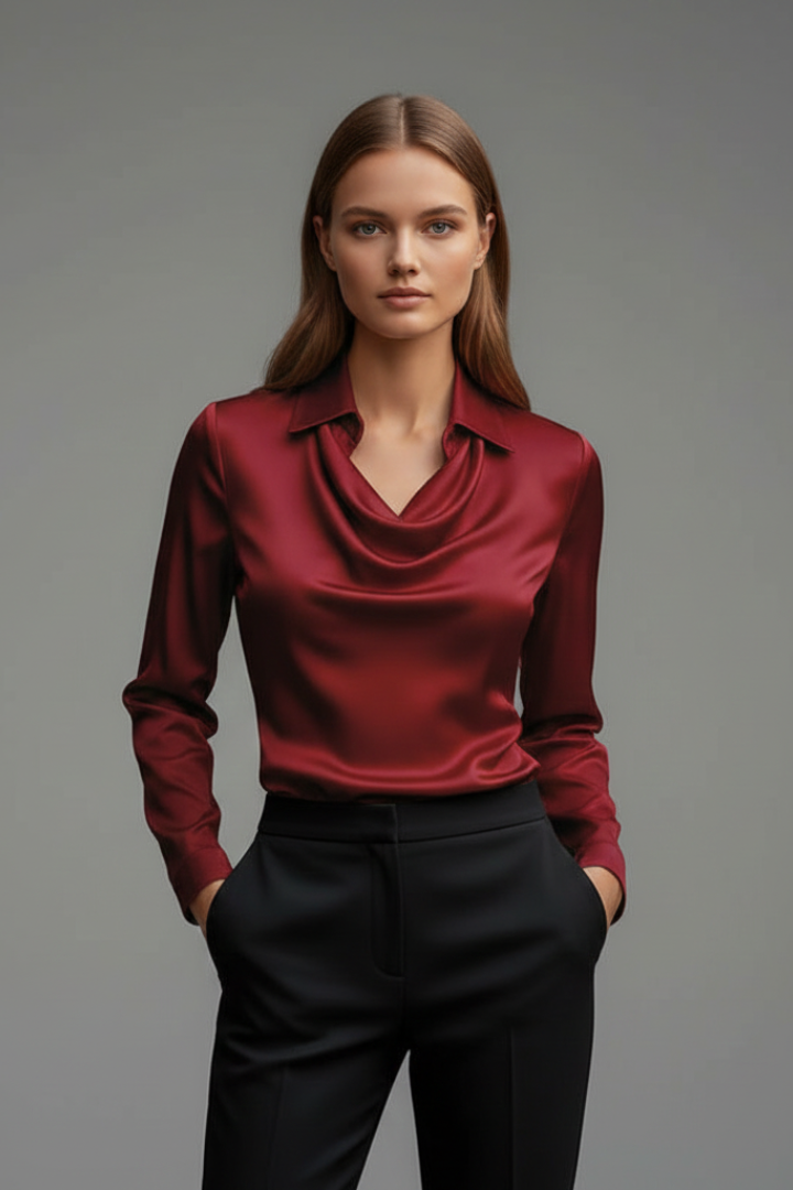 Draped collar women's blouse, long sleeve. Perfect for professional office wear or a stylish evening.
