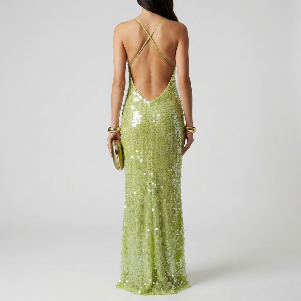 Glamorous sequin maxi evening gown for women. Ideal for formal wear, elegant parties, and special occasions.
