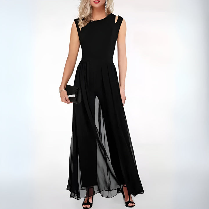 Elegant women's sheer overlay jumpsuit, perfect for formal events, weddings, and sophisticated special occasions.