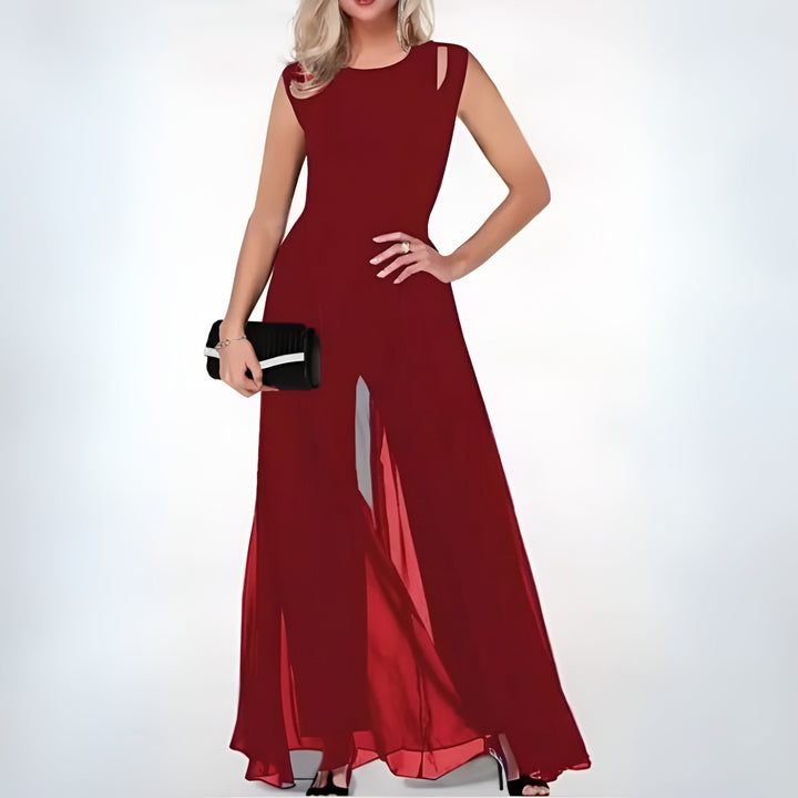 Sophisticated sheer overlay women's jumpsuit for red carpet events & formal wear. Dressy & elegant design.