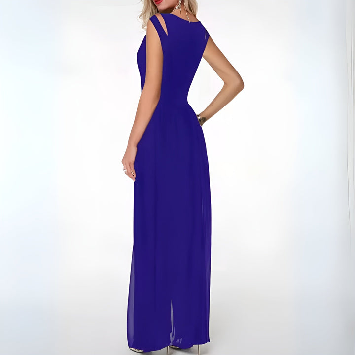Women's elegant sheer overlay wide-leg jumpsuit, sleeveless for a sophisticated and dressy formal wear look.
