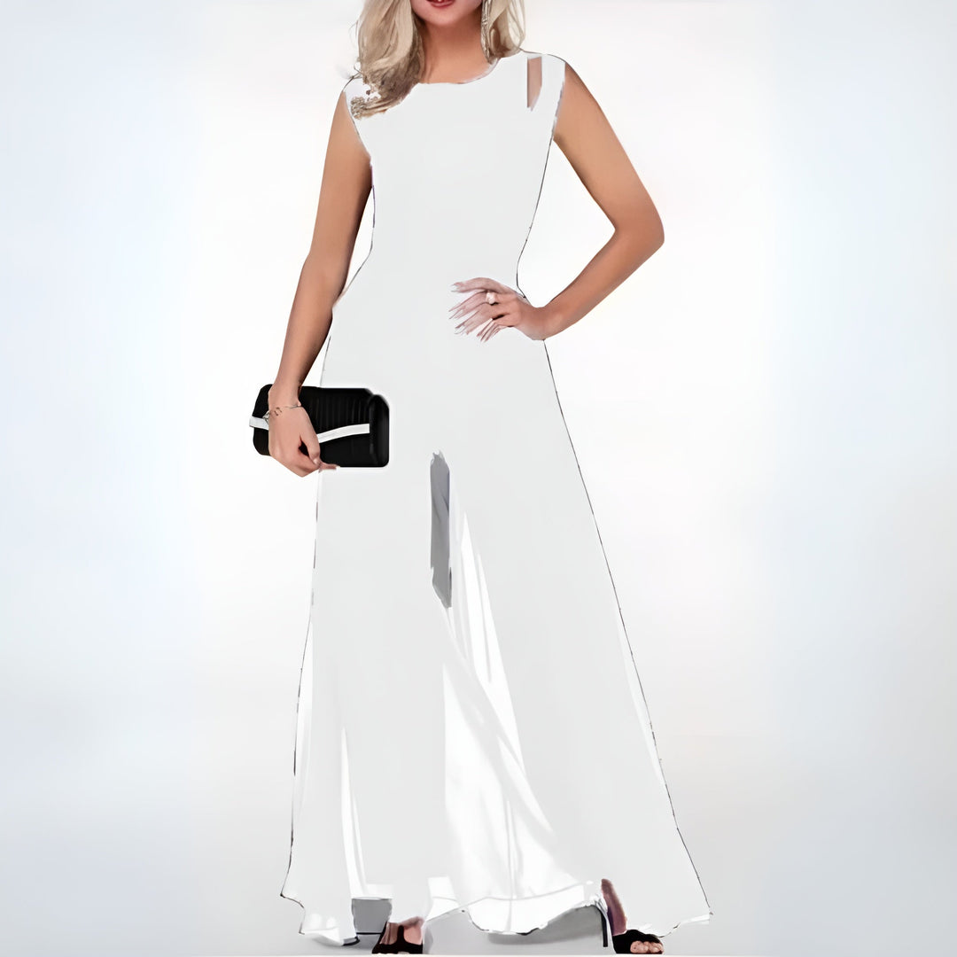 Chic women's sheer overlay jumpsuit, ideal for formal cocktail parties, sophisticated gatherings & wedding guests.