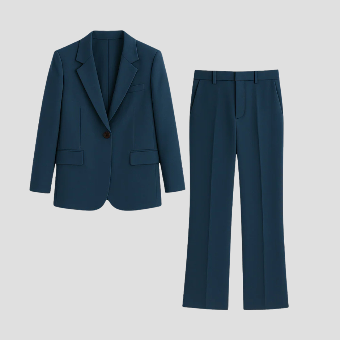 Elegant women's single-breasted tailored pant suit set. Perfect for business attire & formal office wear.
