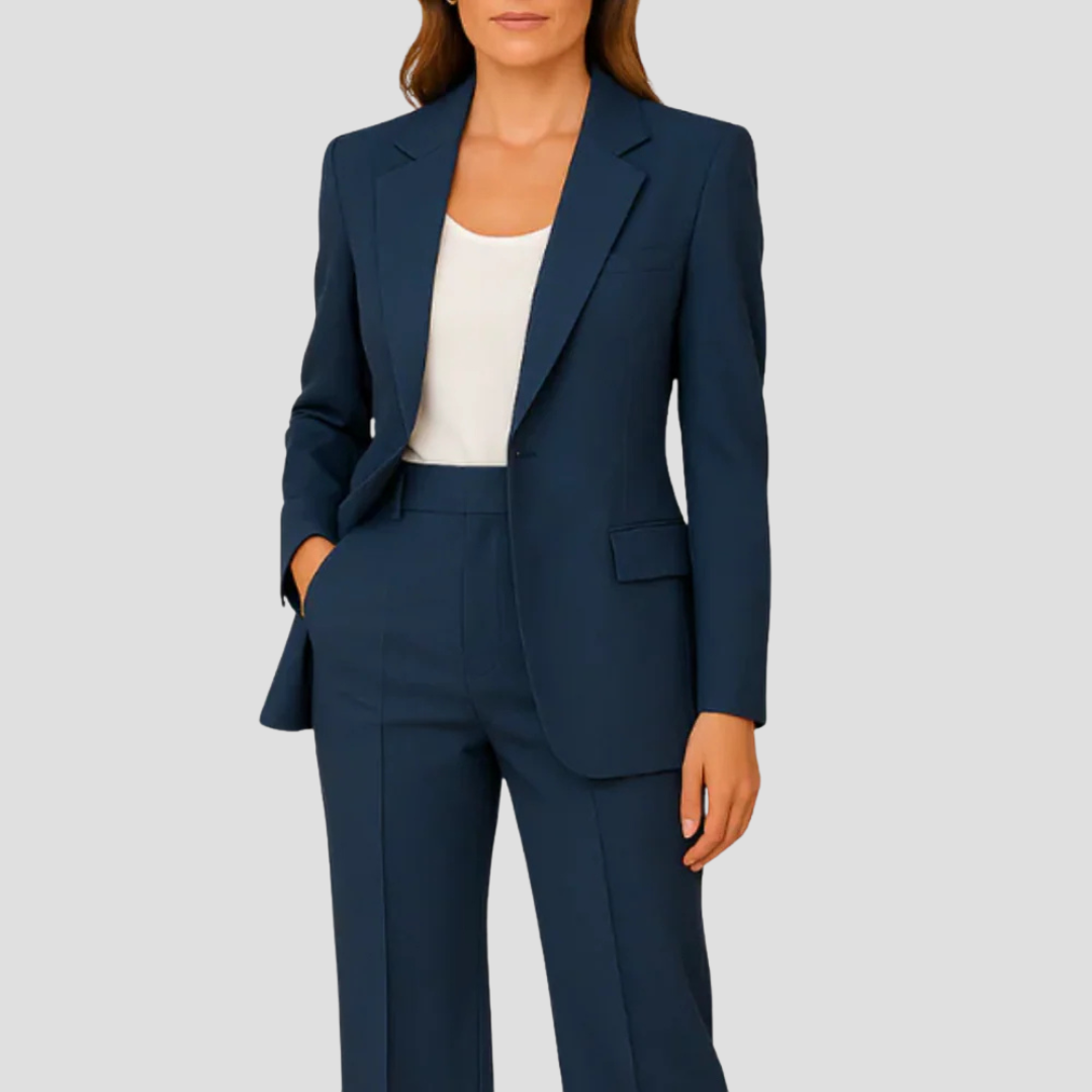 Professional women's tailored pant suit. Stylish two-piece blazer set for business and office fashion.